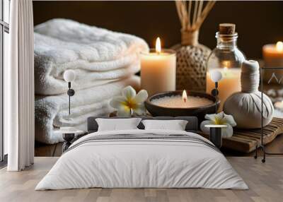 Tranquil spa ambiance featuring plush white towels, soothing massage oil, and a flickering candle for ultimate relaxation Wall mural