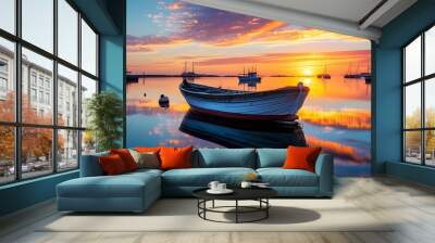 Tranquil sunset reflections of a serene boat on calm waters amidst vibrant skies and moored boats in the background Wall mural