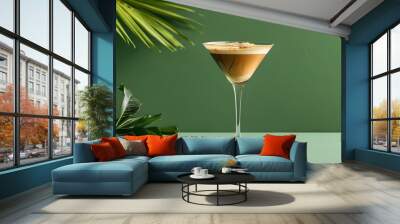 Trendy espresso martini on green backdrop, refreshing summer cocktail showcasing minimalistic style for modern beverage design and promotional materials Wall mural