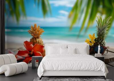 Tropical beach-themed summer product showcase on a wooden podium by the sea Wall mural