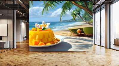 Tropical coconut mango rice pudding parfait against a serene beach backdrop with swaying palm trees Wall mural