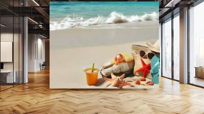 Tropical getaway essentials for summer relaxation on sandy beach Wall mural