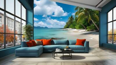 tropical island summer escape featuring vibrant beaches, lush palm trees, daily adventures of snorkeling, sunbathing, exploring wildlife, and relaxing under the sun Wall mural