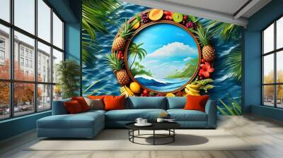 Tropical paradise scene featuring palm trees, ocean waves, and fresh tropical fruits within a circular frame Wall mural