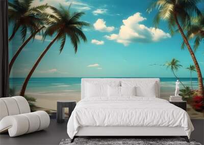 Tropical paradise scene with palm trees, sandy beach, and ample copy space for summer vacation inspiration Wall mural