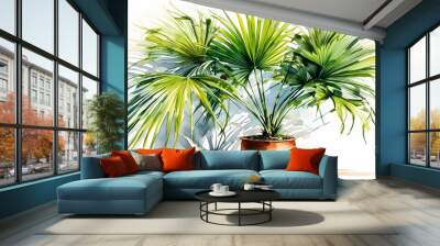 Tropical Tranquility - Watercolor Fan Palm Plant in Pot against Clean White Canvas Wall mural