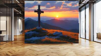 Twilight Crucifix on Serene Grassland Hill with Generative AI Inspiration Wall mural