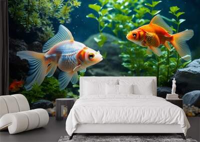 Underwater tranquility with vibrant fish swimming among rocks and lush plants in a serene tank environment Wall mural