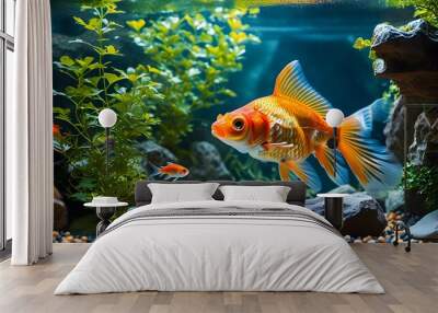 Underwater tranquility with vibrant fish swimming among rocks and lush plants in a serene tank environment Wall mural