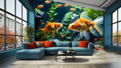 Underwater tranquility with vibrant fish swimming among rocks and lush plants in a serene tank environment Wall mural