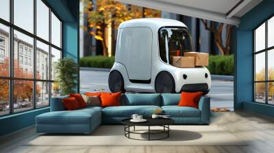 Urban delivery robot navigating city streets to efficiently transport food and goods with advanced artificial intelligence technology Wall mural