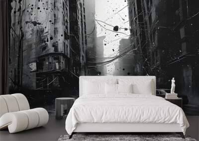 Urban glitches merge with splattered paint in a gritty black and white digital artwork, showcasing a chaotic network of textures, lines, and dots. Wall mural