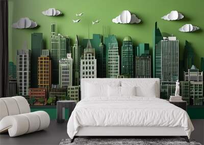 Urban skyline illustration on vibrant green backdrop in paper craft style Wall mural