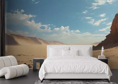 Vast desert landscape extending endlessly, a serene blend of sand and stone beneath a clear sky Wall mural