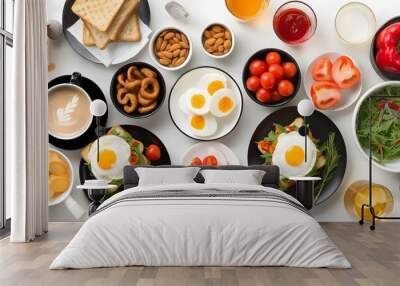 Vegetarian toast topped with onion rings, bell peppers, and fresh green salad on a rustic wooden background Wall mural