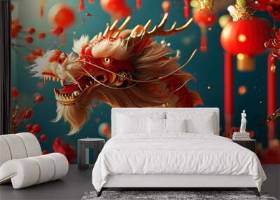 Vibrant 3D illustration celebrating Chinese New Year 2024 with dragon zodiac sign, red and gold accents, flowers, lanterns, and rich Asian motifs Wall mural