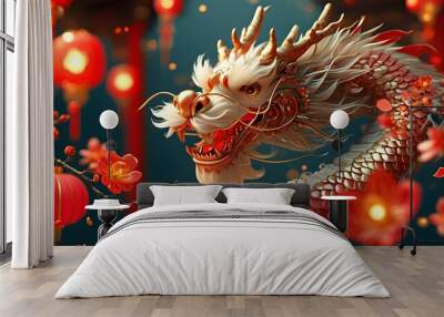 Vibrant 3D illustration celebrating Chinese New Year 2024 with dragon zodiac sign, red and gold accents, flowers, lanterns, and rich Asian motifs Wall mural