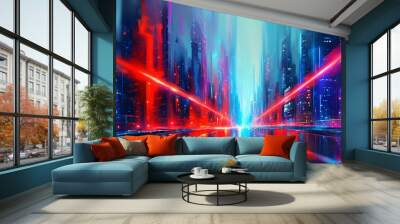 Vibrant abstract cityscape illuminated by vivid red, blue, and purple lights, capturing energy and excitement of a futuristic realm Wall mural