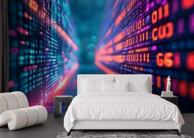 Vibrant abstract digital background featuring glowing binary code and data flow in blue, purple, and red hues with a captivating bokeh effect Wall mural