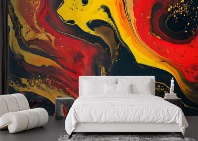 Vibrant abstract swirl of red, yellow, and black liquid adorned with shimmering gold flecks Wall mural