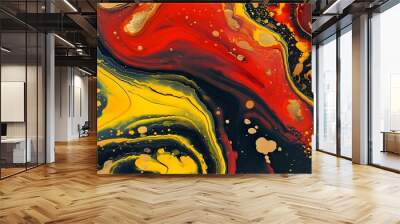 Vibrant abstract swirl of red, yellow, and black liquid adorned with shimmering gold flecks Wall mural