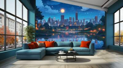 vibrant anime night scene featuring a lake reflecting a stunning cityscape skyline Wall mural