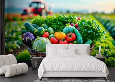 vibrant assortment of fresh green and colorful vegetables in large basket amidst lush field with agricultural vehicle in the backdrop Wall mural