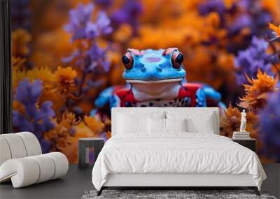 Vibrant blue and red-dotted frog amidst a stunning array of orange and purple flowers Wall mural