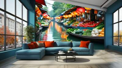 Vibrant canal market with colorful lanterns, fresh produce on boats, and lively vendors in a tranquil waterway environment Wall mural