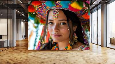 Vibrant celebration of a Brazilian bride in a colorful dress surrounded by festive decorations Wall mural