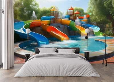 Vibrant childrens pool featuring colorful water slides and playful fountains for ultimate family-friendly fun Wall mural