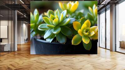 Vibrant close-up of a succulent with green and yellow foliage in a sleek black pot Wall mural