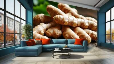 Vibrant close-up of fresh ginger root showcasing its textured skin and earthy tones Wall mural