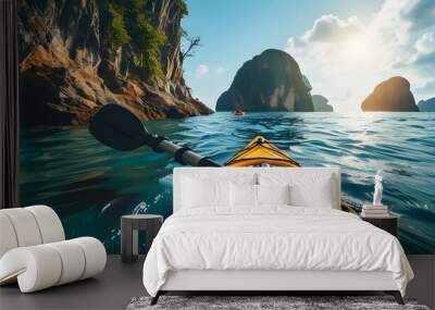 Vibrant close-up of kayaking adventure on tranquil sea, celebrating outdoor recreation and vacation bliss Wall mural