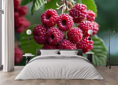 Vibrant close-up of luscious ripe red raspberries glistening with freshness Wall mural