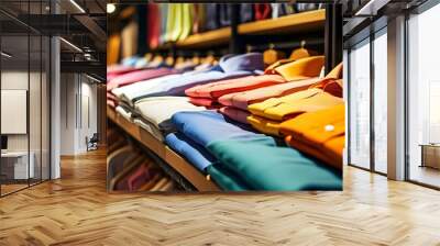 Vibrant collection of shirts on hangers elegantly displayed in a retail store with warm ambient lighting Wall mural