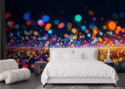 Vibrant cosmic dance of glittering stars and luminous bokeh lights on a dark backdrop, perfect for festive celebrations and joyful holiday decor Wall mural