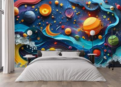 Vibrant cosmic paper art featuring colorful planets, swirling waves, and shimmering stars in an imaginative outer space illustration Wall mural