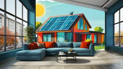 Vibrant depiction of a contemporary eco-friendly home featuring solar panels beneath a bright sunny sky Wall mural