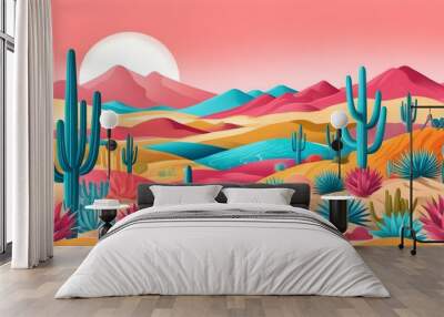 Vibrant desert landscape featuring diverse cacti species amidst rolling hills, rendered in bright colors for a modern artistic touch Wall mural