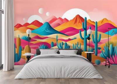 Vibrant desert landscape featuring diverse cacti species amidst rolling hills, rendered in bright colors for a modern artistic touch Wall mural