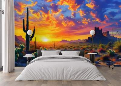 Vibrant desert sunset painting the sky with stunning colors over cacti and arid landscape, showcasing breathtaking natural beauty Wall mural