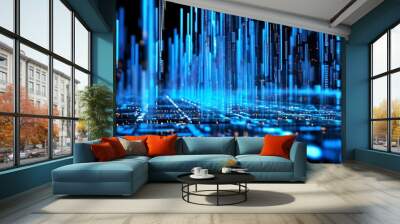 Vibrant Digital Flow of Blockchain Encryption Illuminated by Glowing Nodes in a Dynamic Blue Environment Wall mural