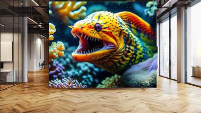 Vibrant eel revealing sharp teeth amidst colorful coral in a breathtaking underwater spectacle Wall mural