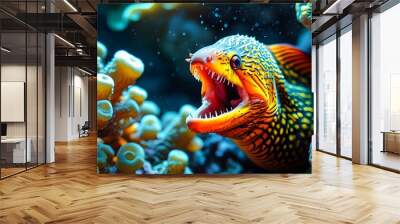 Vibrant eel revealing sharp teeth amidst colorful coral in a breathtaking underwater spectacle Wall mural