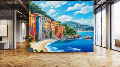 Vibrant European coastal towns with colorful buildings, stunning beaches, blue seas, and picturesque hills under clear blue skies Wall mural