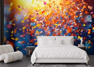 Vibrant explosion of confetti in midair against a dynamic blurred backdrop Wall mural