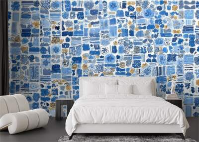 Vibrant fabric adorned with blue and yellow floral patterns Wall mural