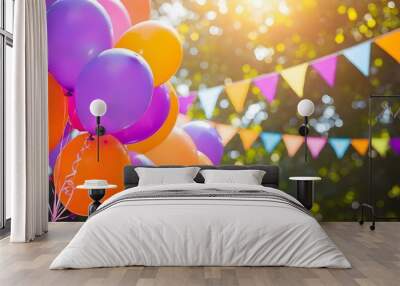 Vibrant festival scene adorned with purple and orange balloons, a cheerful birthday banner, radiating a joyful and festive atmosphere Wall mural