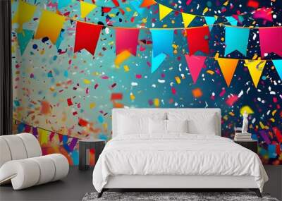 Vibrant festive backdrop adorned with colorful confetti and flags, ideal for joyous celebrations and special events Wall mural